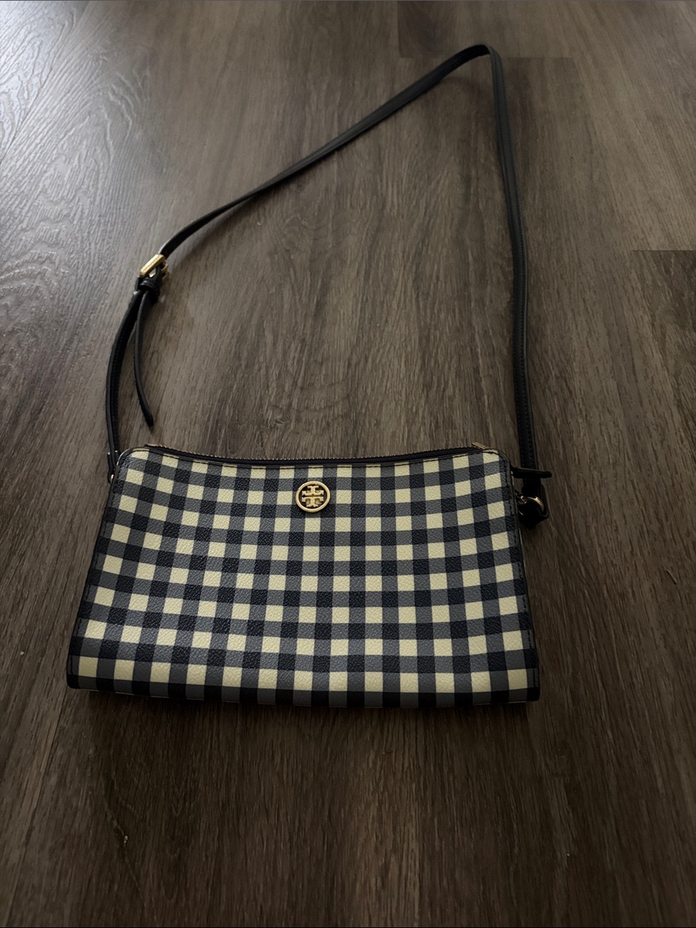 Tory Burch Navy and Cream Gingham Crossbody Pouch with Gold Logo